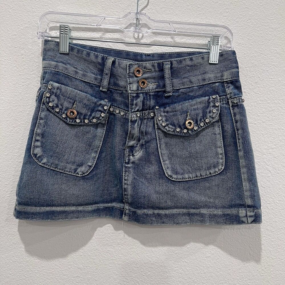Women’s Mini Denim Blue Skirt With Rhinestones Detail Small Y2K Grunge Skater